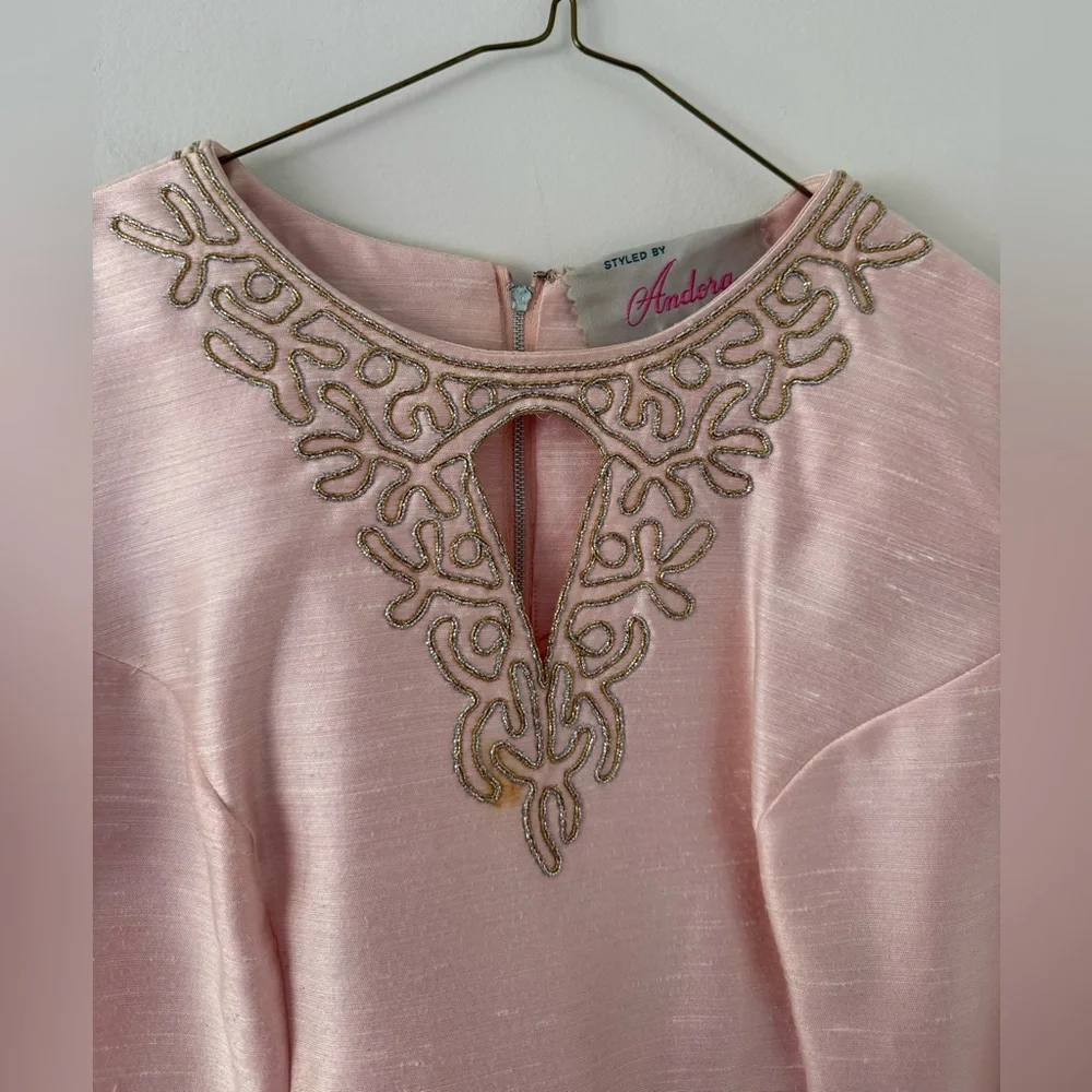 Vintage 1960s Plus Size Beaded Dress & Coat Set Raw Silk Pink Jackie O Size 16W - Picture 3 of 16